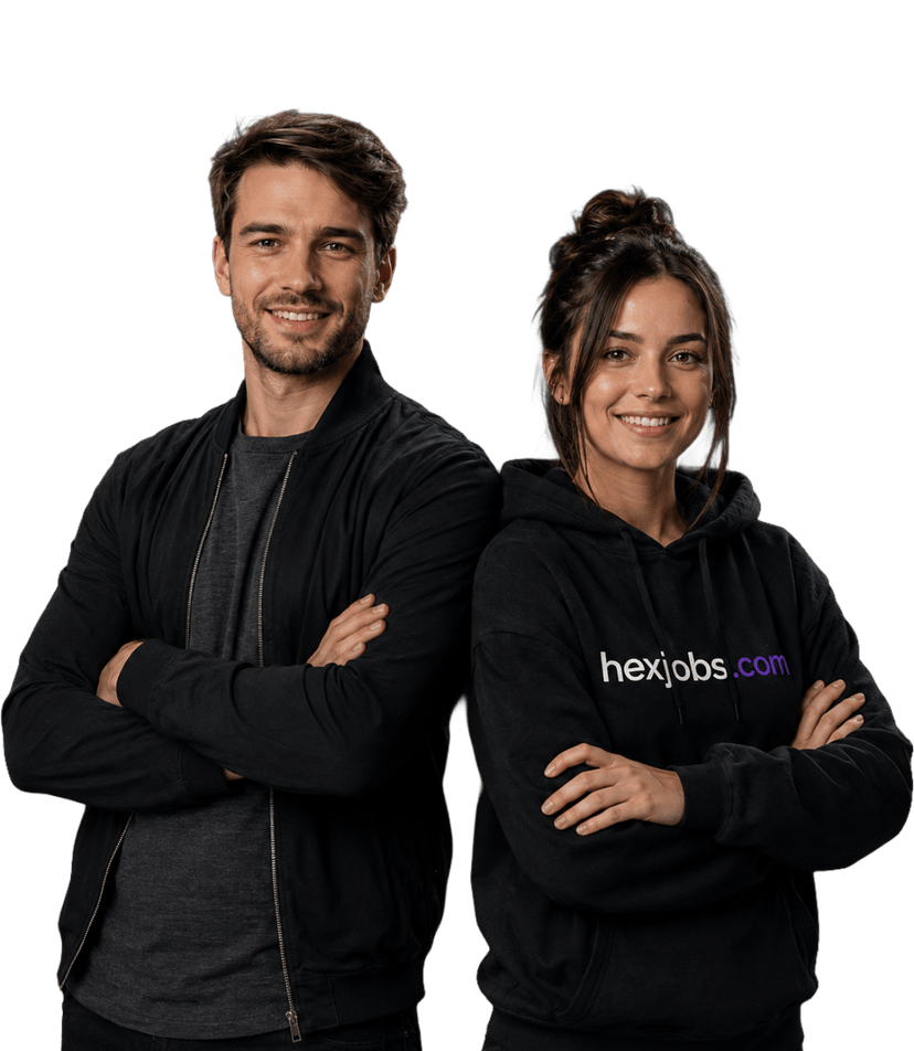 Two professionals standing together, Hexjobs job board illustration