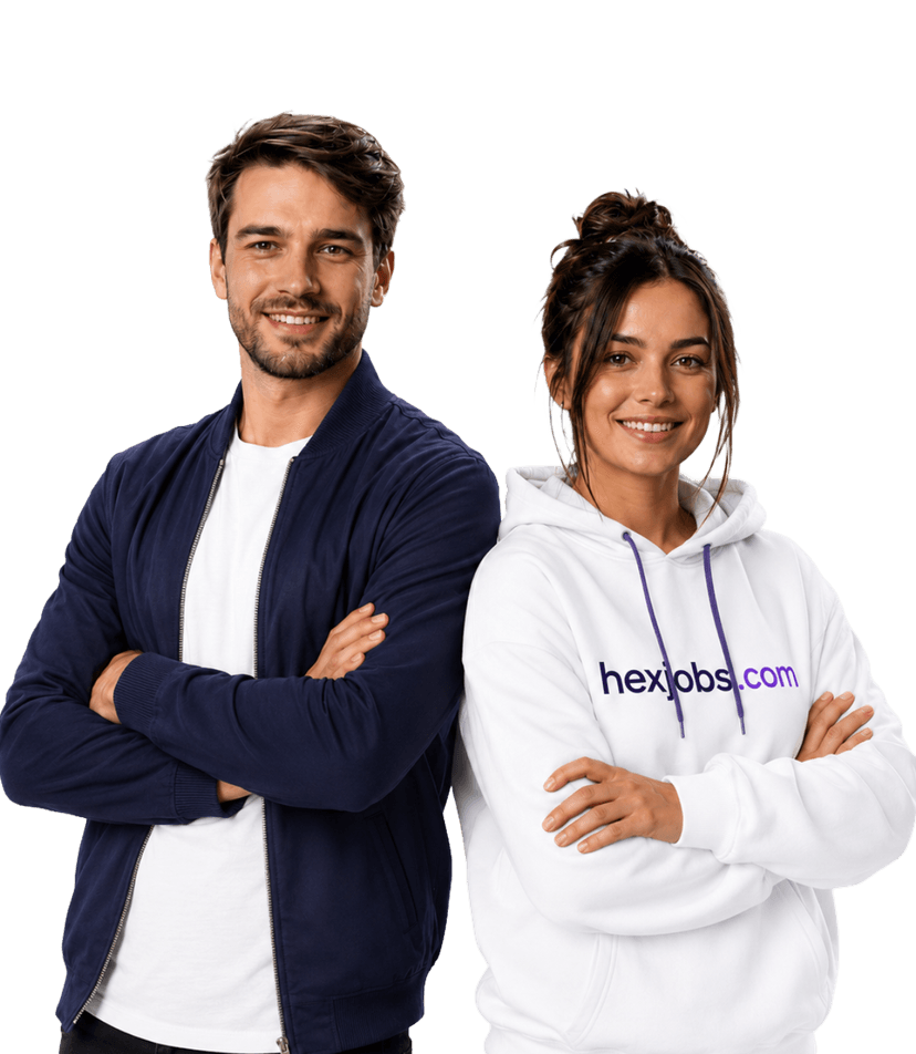 Two professionals standing together, Hexjobs job board illustration